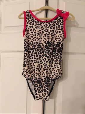 Girls Leopard Print One-Piece Swimsuit with Pink Trim Size 3-4T